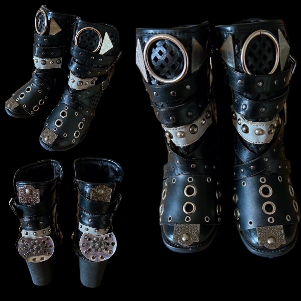 Custom “Heavy Metals” Black Leather Block Booties
